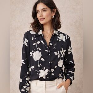 Kate Hill Black & White Floral 100% Silk Button-Down Blouse Size 8 Classic Chic